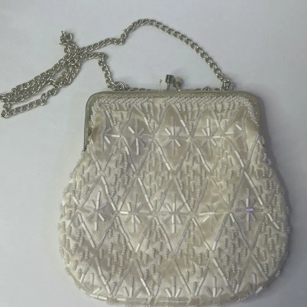 Vintage Walborg Beaded Evening Bag Purse Made in Hong Kong Ivory Beaded Purse